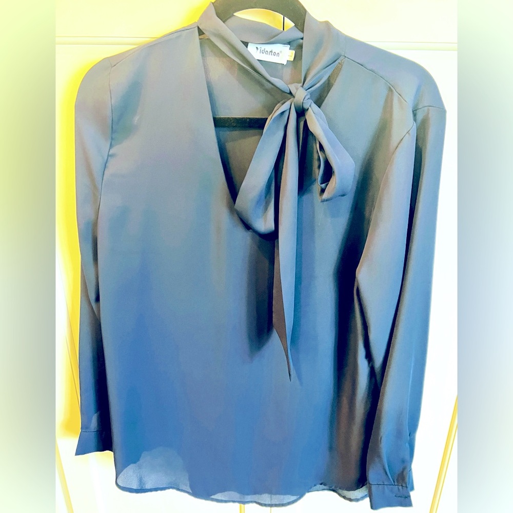Navy blue long sleeve blouse with tie at neck.
